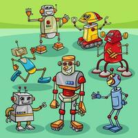 dibujos animados contento robots y droides caracteres grupo vector