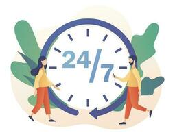 Around clock. 24-7 support service, open, time, working hours, delivery concept. 24 hours watch with arrow. Modern flat cartoon style. Vector illustration on white background