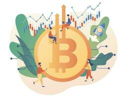 Bitcoin big coin price skyrocket. Tiny people cryptocurrency investor. Bull market concept with spaceship flying upwards. Rate growth. Modern flat cartoon style. Vector illustration on white backgroud