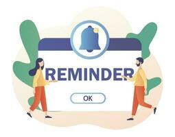 Reminder concept. Notifications page with notification bell. New notice. Important reminder. Event push message. Modern flat cartoon style. Vector illustration on white background