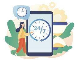 24 hours watch with arrow on smartphone screen. Around clock. 24-7 support service, open, time, working hours, delivery concept. Modern flat cartoon style. Vector illustration on white background