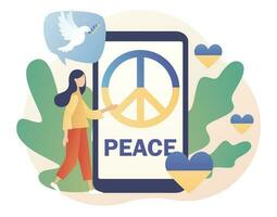 Ukraine peace symbols on smartphone screen. Stop war. No war. Flag of Ukraine. Dove of peace. Stand with Ukraine. Modern flat cartoon style. Vector illustration on white background