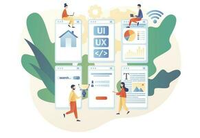 Web UI-UX design pages. Mobile app development, application design, coding, web building concept. Modern flat cartoon style. Vector illustration on white background