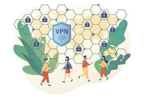 VPN service concept. Virtual Private Network. Cyber security, secure web traffic, data protection, remote servers. Modern flat cartoon style. Vector illustration on white background