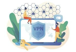 Virtual Private Network concept. VPN service in smartphone app. Cyber security, secure web traffic, data protection, remote servers. Modern flat cartoon style. Vector illustration on white background