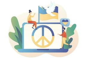 Ucrania paz símbolos en ordenador portátil pantalla. bandera de Ucrania con paloma de paz. estar con Ucrania. detener guerra. No guerra. moderno plano dibujos animados estilo. vector ilustración en blanco antecedentes