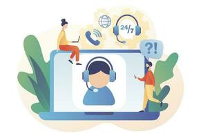 Online support concept. Customer service. Call center. Hotline operator in headset on laptop screen consults client. Modern flat cartoon style. Vector illustration on white background