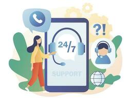 Call center. Customer service in smartphone app. Online support 24-7 concept. Hotline operator in headset consults client. Modern flat cartoon style. Vector illustration on white background