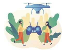 Drone videography, aerial photography, quadcopter operator, air survey services, drone photo. Drone with camera. Modern flat cartoon style. Vector illustration on white background