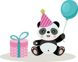 Happy panda with a birthday gift and a blue balloon vector