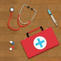 Tools of doctor on table. Doctor workplace concept, diagnostic and instrument. Vector illustration