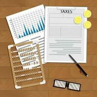 Analysis of payment of taxes. Statistical profit calculation, income and audit with abacus, vector illustration