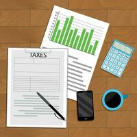 Tax analysis and statistics. View top wooden table, business statistic and accounting finance report, vector illustration