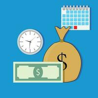 Time salary vector. Banknote and clock, money and calendar illustration vector