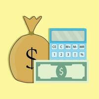 Count money vector. Finance currency, calculator and money bag illustration vector