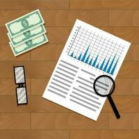 Analysis of annual financial statistics. Review data and optimization economy diagram, vector illustration