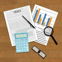 Tax statistics vector. Economy statistic banking tax. Calculator and chart data on table illustration vector