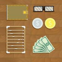 Calculation of finance. Accounting work place. Vector illustration