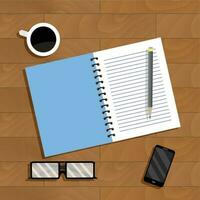 Work place top view. Office notebook, work business desk, vector illustration