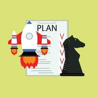 Plan strategy and tactics of launching startup. Launch rocket and organization mission, vector illustration