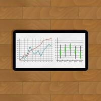 Stock market statistics and quotes. Presentation forecast on tablet, vector illustration