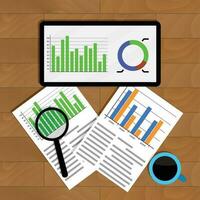 Analytics and statistics. Graph on tablet, financial research and analyzing annual statistic, vector illustration