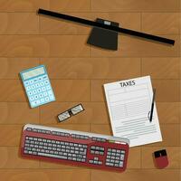 Online registration of tax form. Taxation financial paperwork, keyboard and computer. Vector illustration