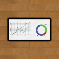 Infochart color on wooden table. Management and growth stats on display digital. Vector illustration