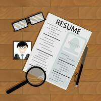 Write resume on table. Blank document resume with photo, vector illustration