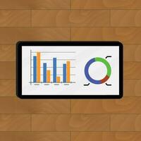 Graphic and chart. Web report graphic on tablet, pie chart on device, vector illustration