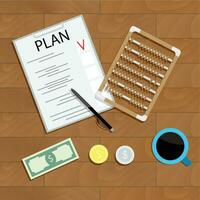 Write financial plan. Management money, financial cocncept with abacus on wood table. Vector illustration