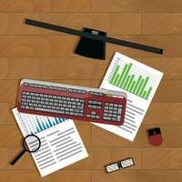 Work with graphic. Wooden table with keyboard and monitor screen, vector illustration