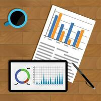 Business statistics on table. Profit marketing view, diagram and chart on tablet. Vector illustration