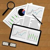 Statistical data on table. Annual chart and graphic on tablet, document for analysis and forecast, vector illustration