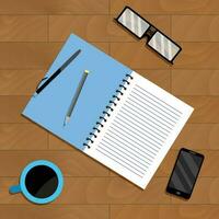 Work place top view with glasses, cup of coffee and notebook. Vector illustration