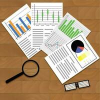 Economic data graphics and charts. Statistic on wooden table. Vector illustration