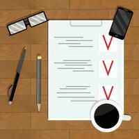 Checklist plan and organization. Analysis project document page, wooden table and paperwork, vector illustration