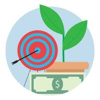 financiero objetivo icono. objetivo centro, estrategia y atención a billete de banco factura, vector ilustración