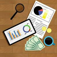 Financial statistics top view. Diagram data financial, table wood and analyzing finance. Vector illustration