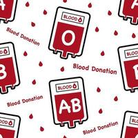 Cute flat icon outline blood bag. Blood type A, B, O and AB. Red text 'Blood Donation' and drops on white background. Vector illustration seamless pattern about medical and health.