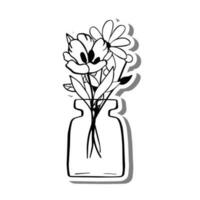 Black line doodle Flowers in Bottle on white silhouette and gray shadow. Hand drawn cartoon style. Vector illustration for decorate and any design.