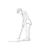 continuo línea dibujo de un mujer golpear un golf pelota vector