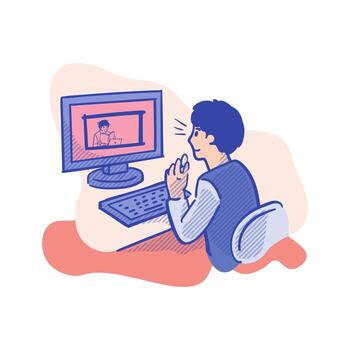 hombre sentado en frente de computadora y laboral. vector ilustración en plano estilo