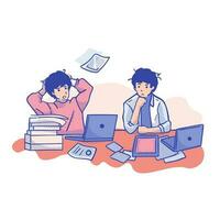 man, cartoon, business, stress, tired, illustration, Tired man and woman sitting at the desk with laptop and documents. Flat style vector illustration.