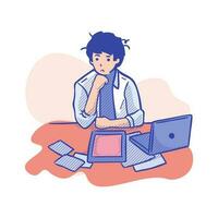 Illustration of a young man sitting at his desk and working on his laptop vector