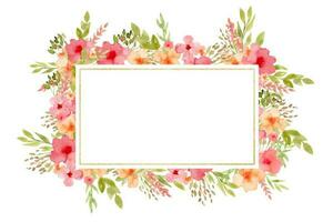 Frame with red and pink Flowers and golden texture. Hand drawn watercolor illustration of rectangular border for wedding invitations or greeting cards. Drawing of floral backdrop with orange plants vector