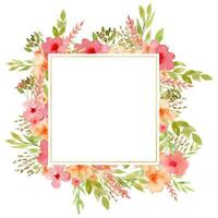 Floral Frame with pink abstract Flowers. Hand drawn illustration of square Template on white isolated background. Backdrop for greeting card or wedding invitations. Border with golden texture vector