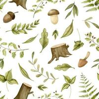 Woodland seamless Pattern with forest leaves and mushrooms. Hand drawn watercolor ornament on white isolated background with branches and stumps for childish wrapping paper or baby textile design vector