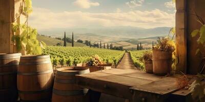 ai generado. ai generativo. Clásico viñedo vino barril industria con vino uva campo naturaleza al aire libre planta. gráfico Arte foto