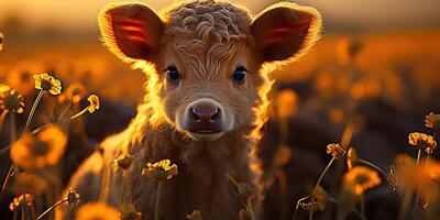 AI Generated. AI Generative. Beautiful young tittle calf on sunflower field at sunset. Nature landscape farm cow animal vibe. Graphic Art photo